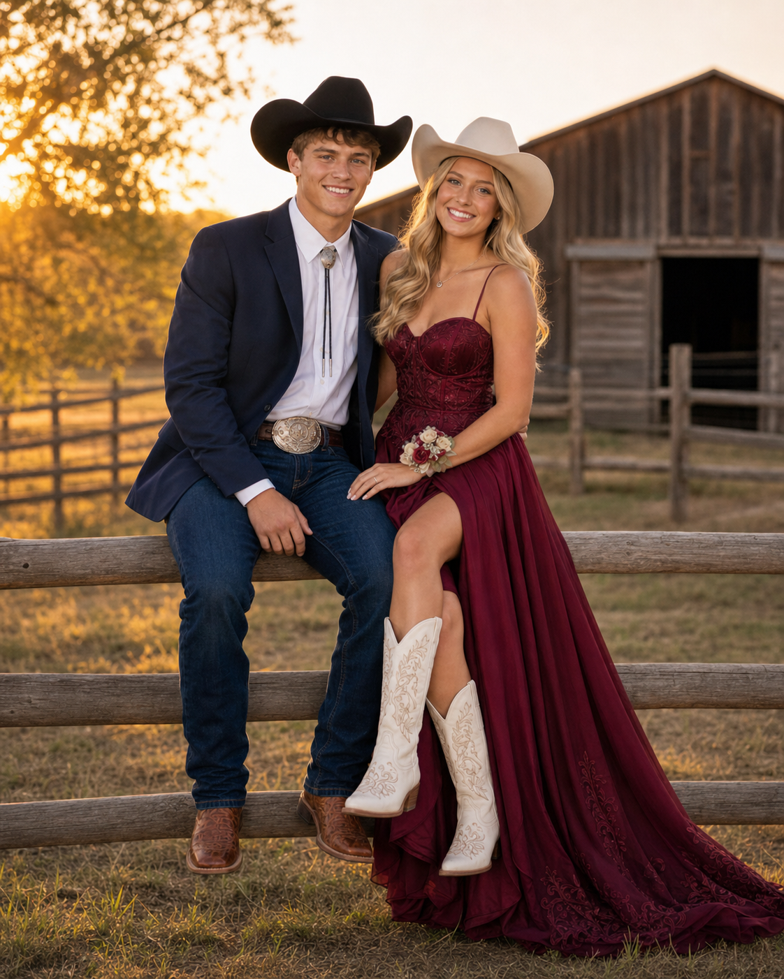 Couple in Western attire, cowboy hats and boots, posing at a ranch fence during golden hour.