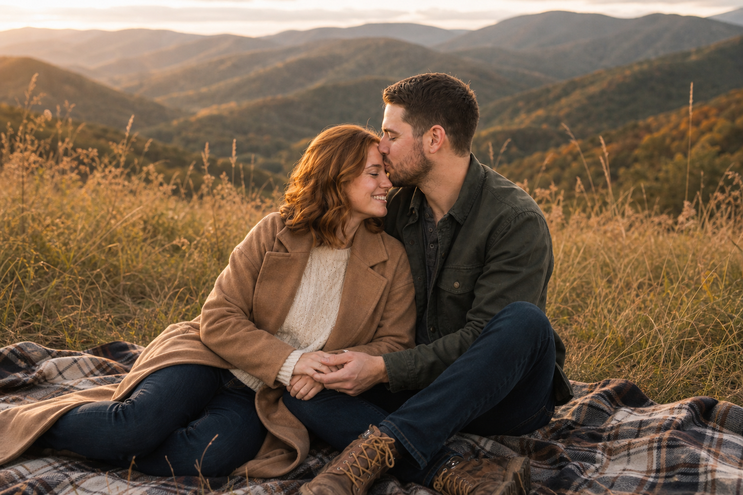 Couple sitting on a blanket sharing a kiss with scenic mountain views at golden hour.