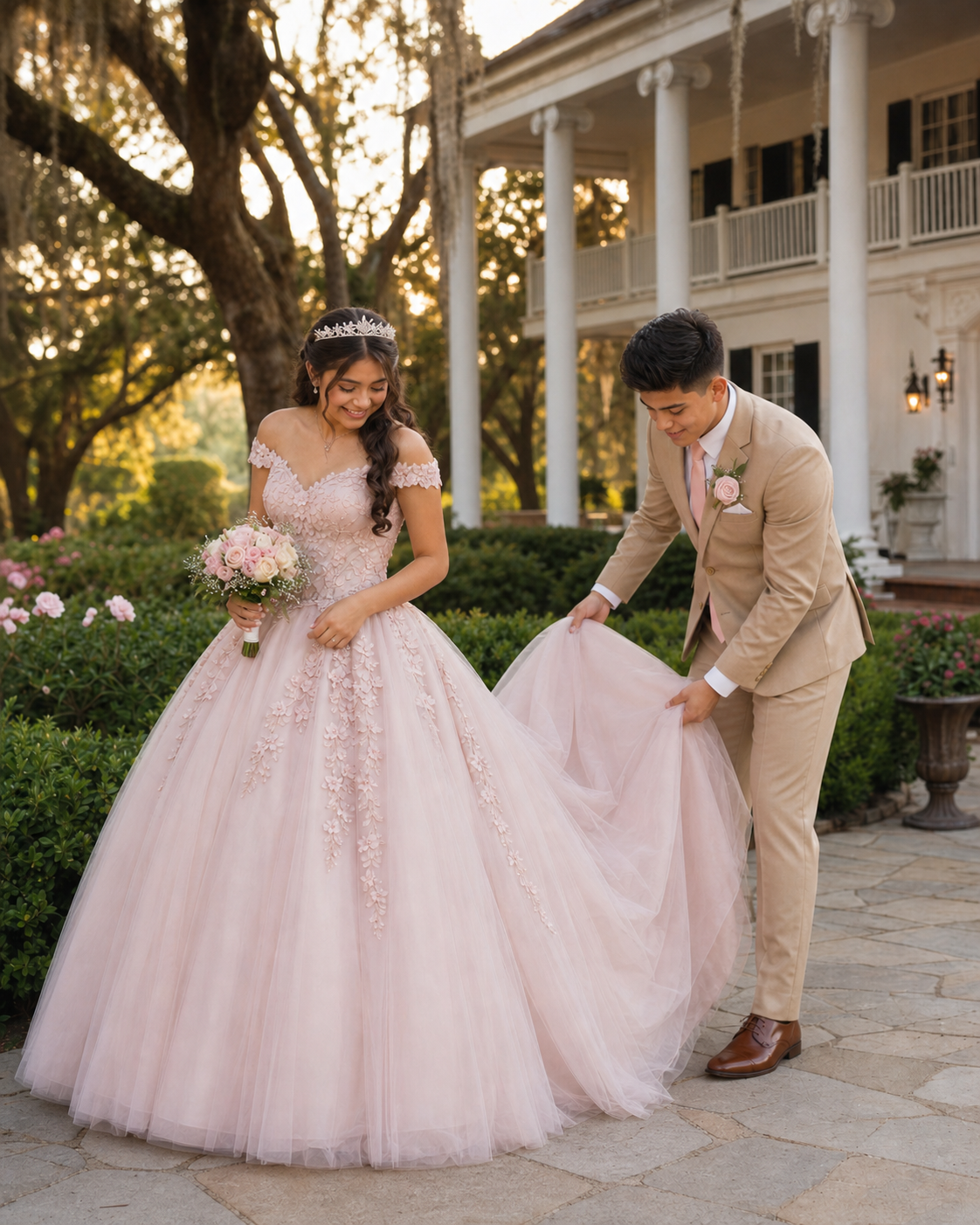 Young woman in pink ball gown with tiara holds bouquet as man in tan suit adjusts her dress train outdoors.