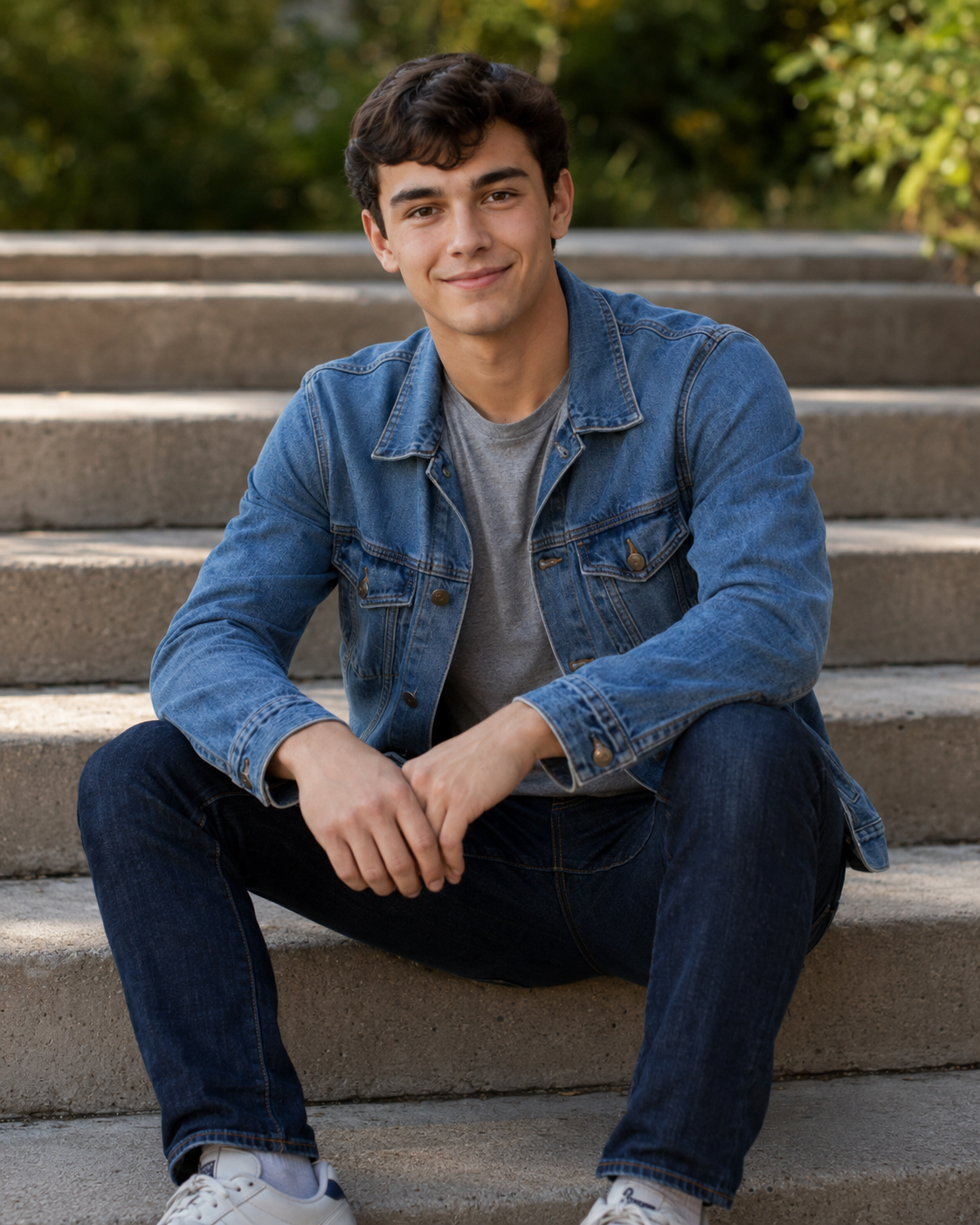 Young man in denim jacket sitting on outdoor steps smiling for senior portrait photo.