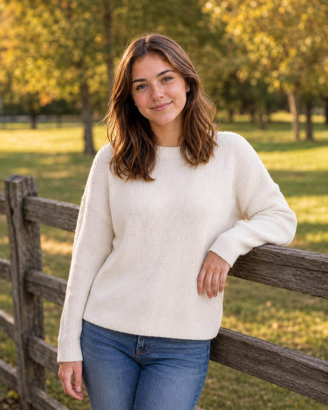 Young woman in cream knit sweater and jeans leaning on wooden fence in autumn park.