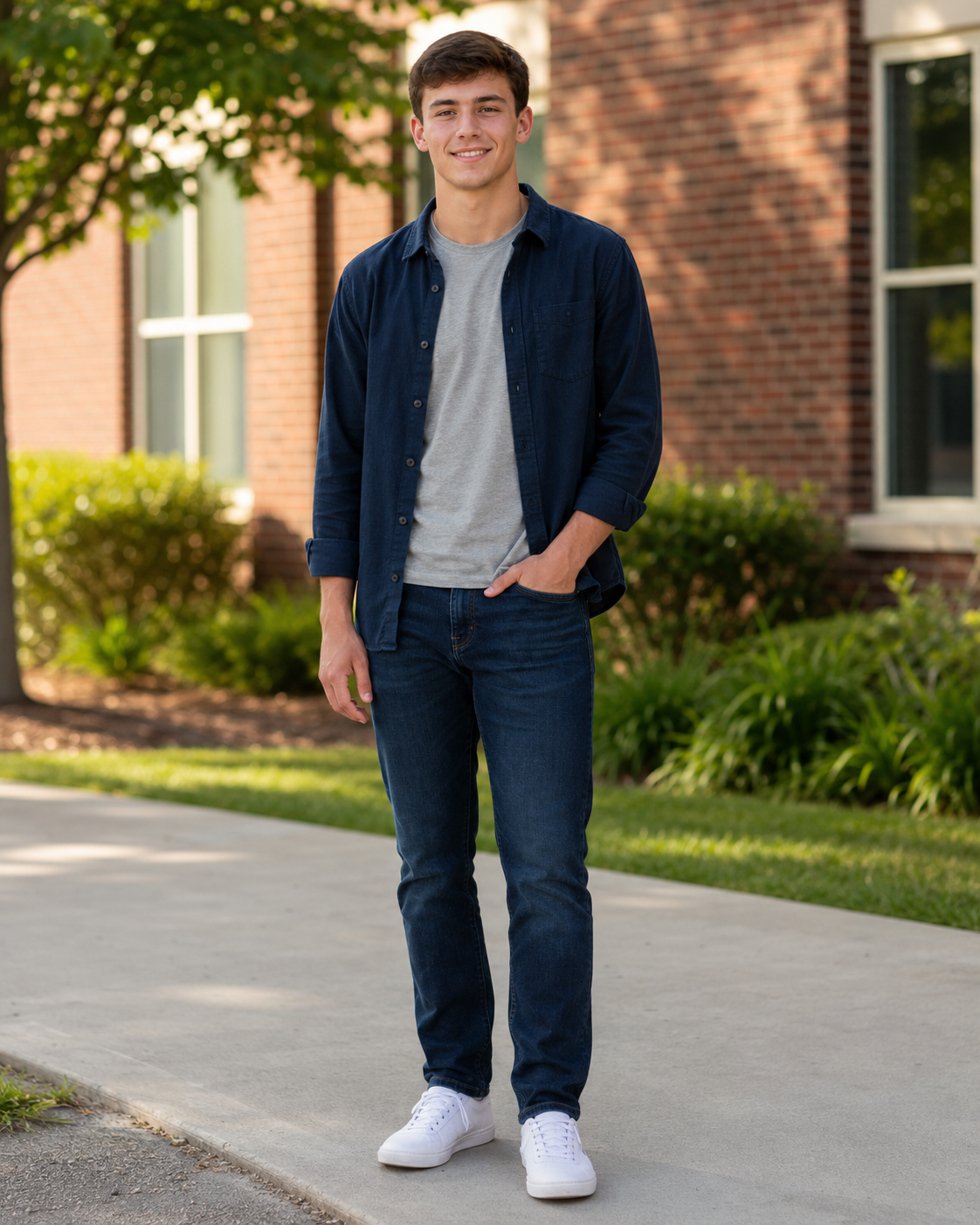 Young man smiling in navy shirt, gray tee, dark jeans, and white sneakers, standing outdoors near a brick building.
