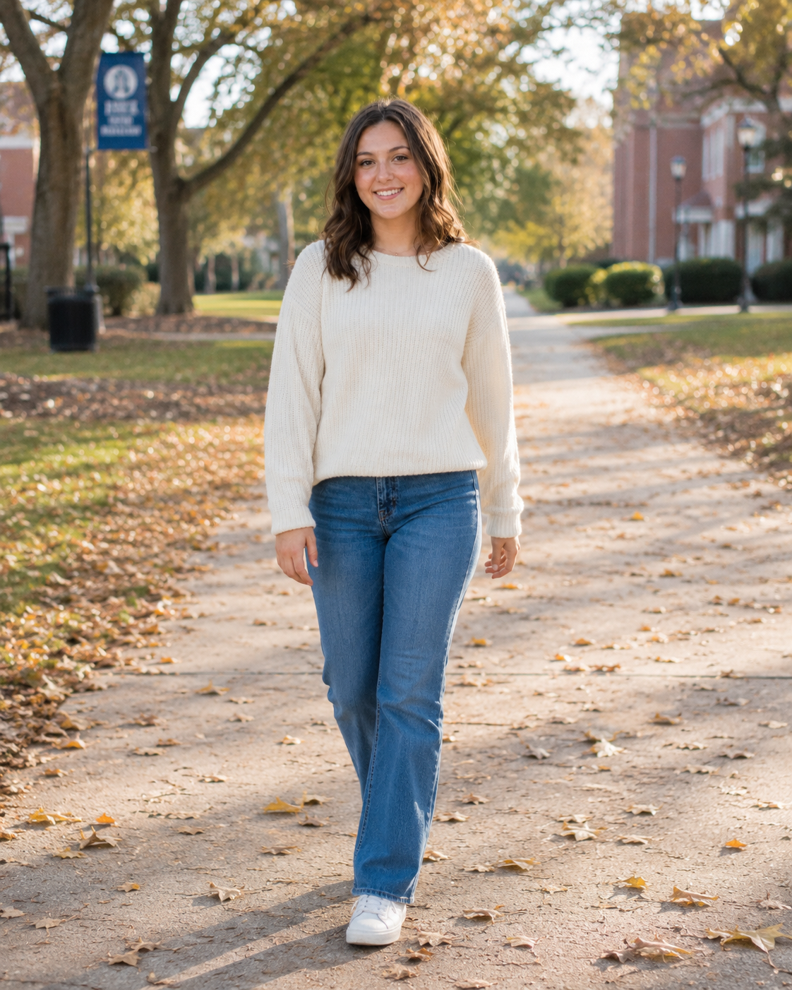 Young woman in cream sweater and jeans walking on a tree-lined campus path in autumn.