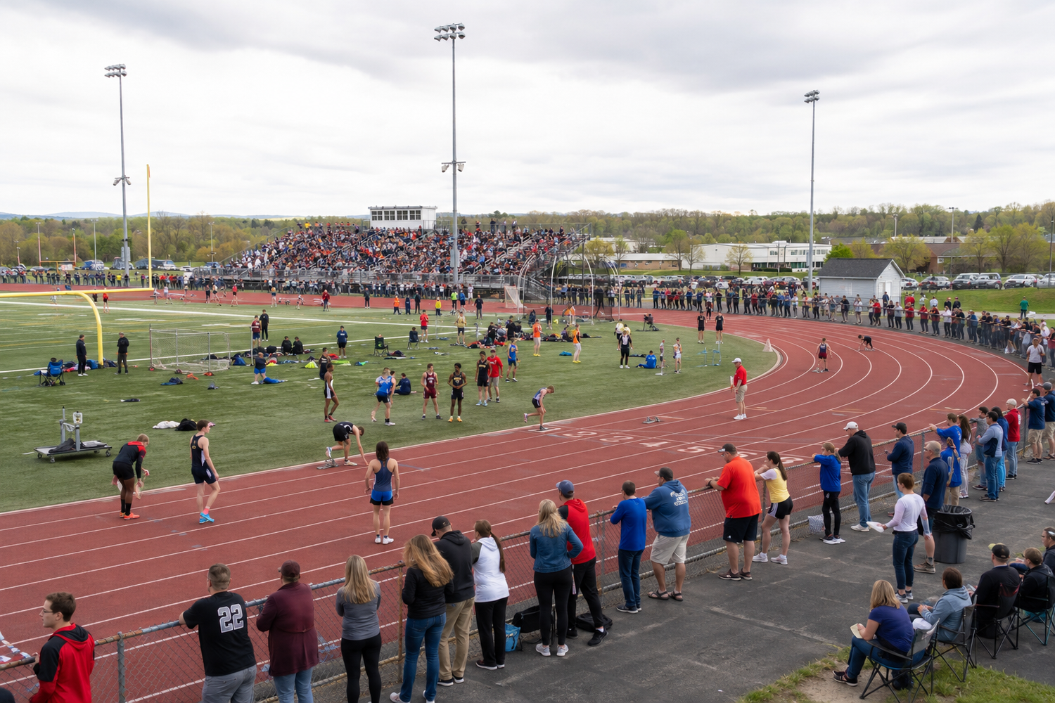 Large crowd watches track and field competition at outdoor stadium on overcast day.