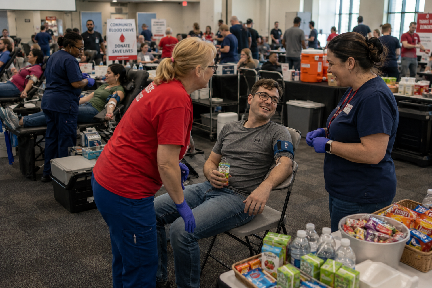 Medical staff assist a smiling blood donor at a busy indoor blood drive donation event.