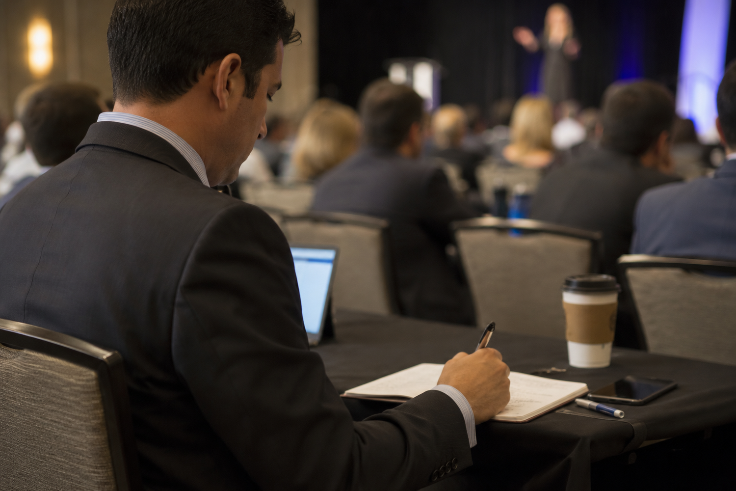 Businessman taking notes in a notebook at a professional conference with a speaker presenting on stage.