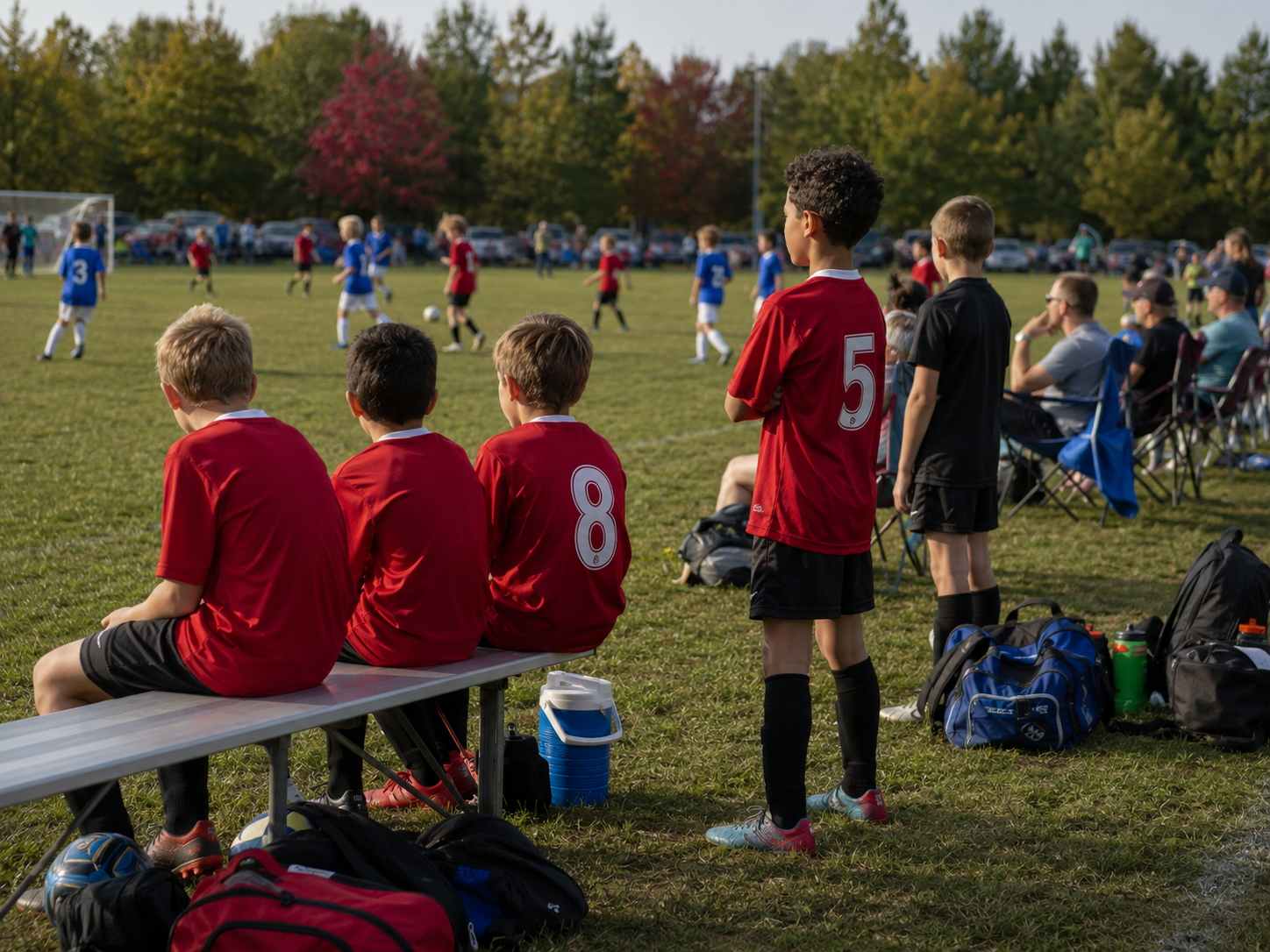 Youth soccer players in red jerseys watch teammates compete on green field during autumn game.