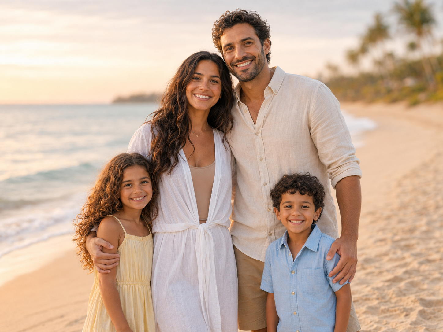 Happy family of four smiling together on a tropical beach at sunset.