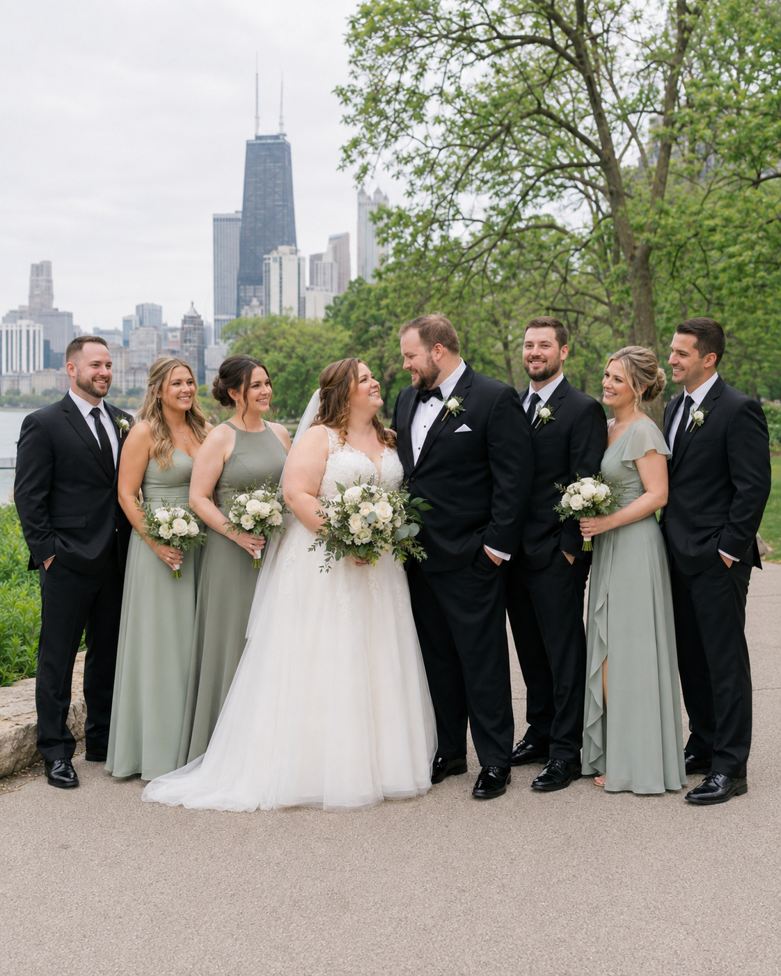 Wedding party poses in sage green and black attire with Chicago skyline backdrop, bride holding white floral bouquet.