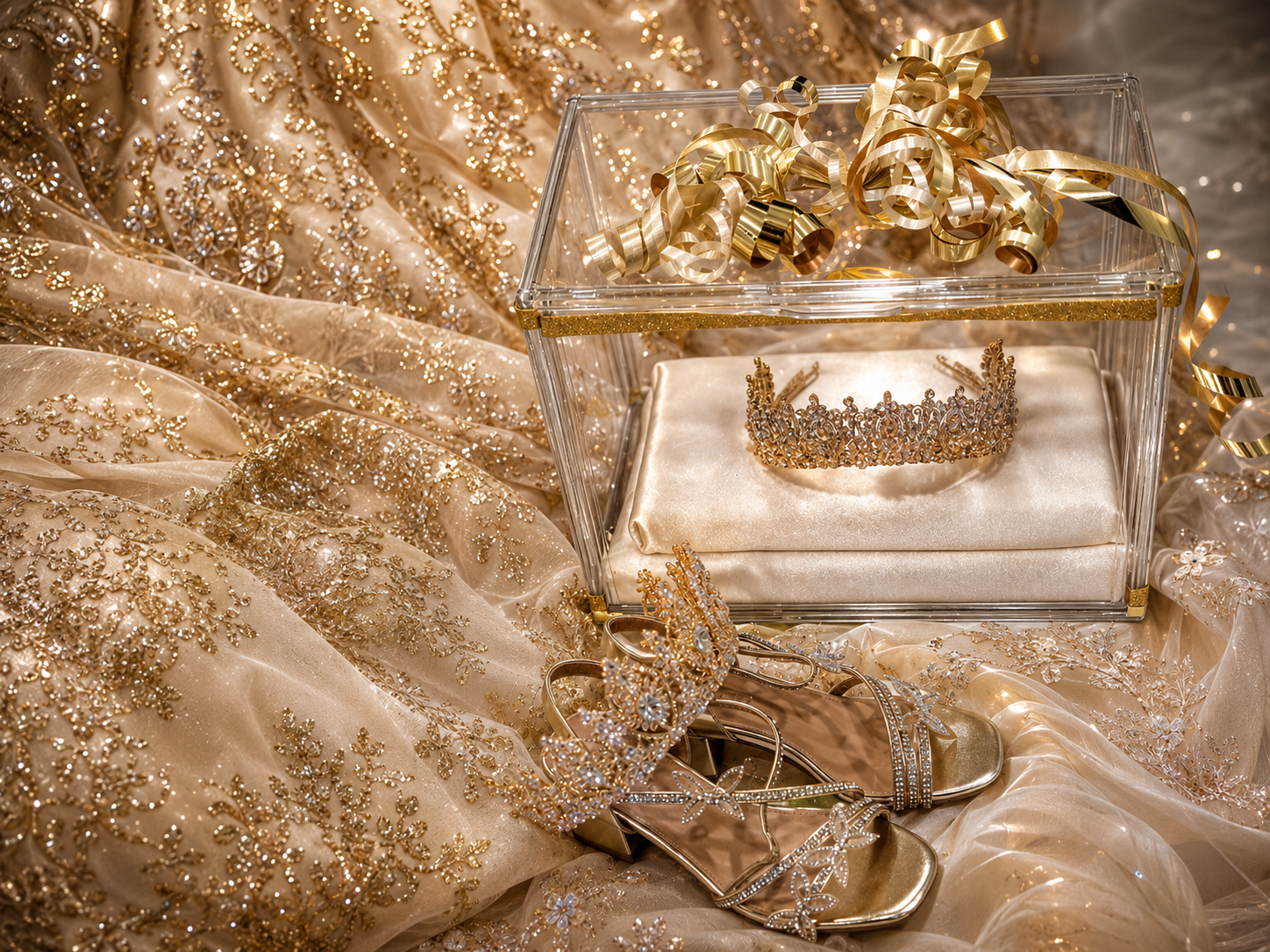 Gold glittery gown with crystal crown in glass box and rhinestone heels for a glamorous royal bridal look.