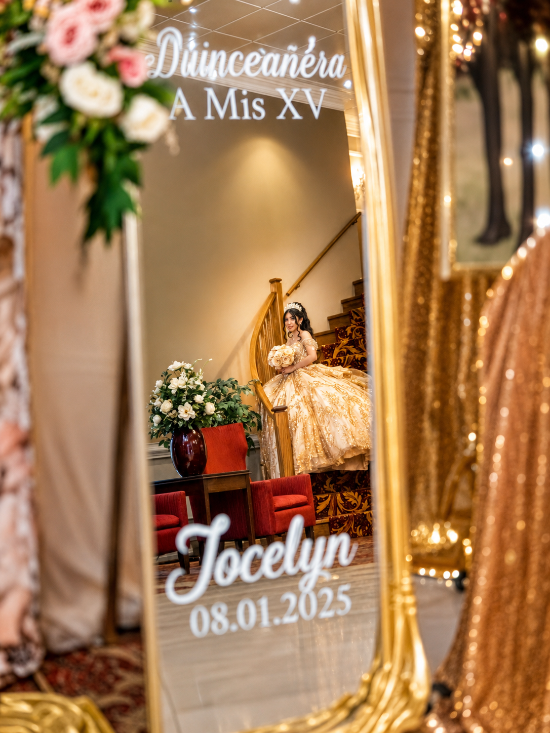 Golden mirror at Jocelyn's Quinceañera A Mis XV celebration dated 08.01.2025, reflecting girl in gold gown.