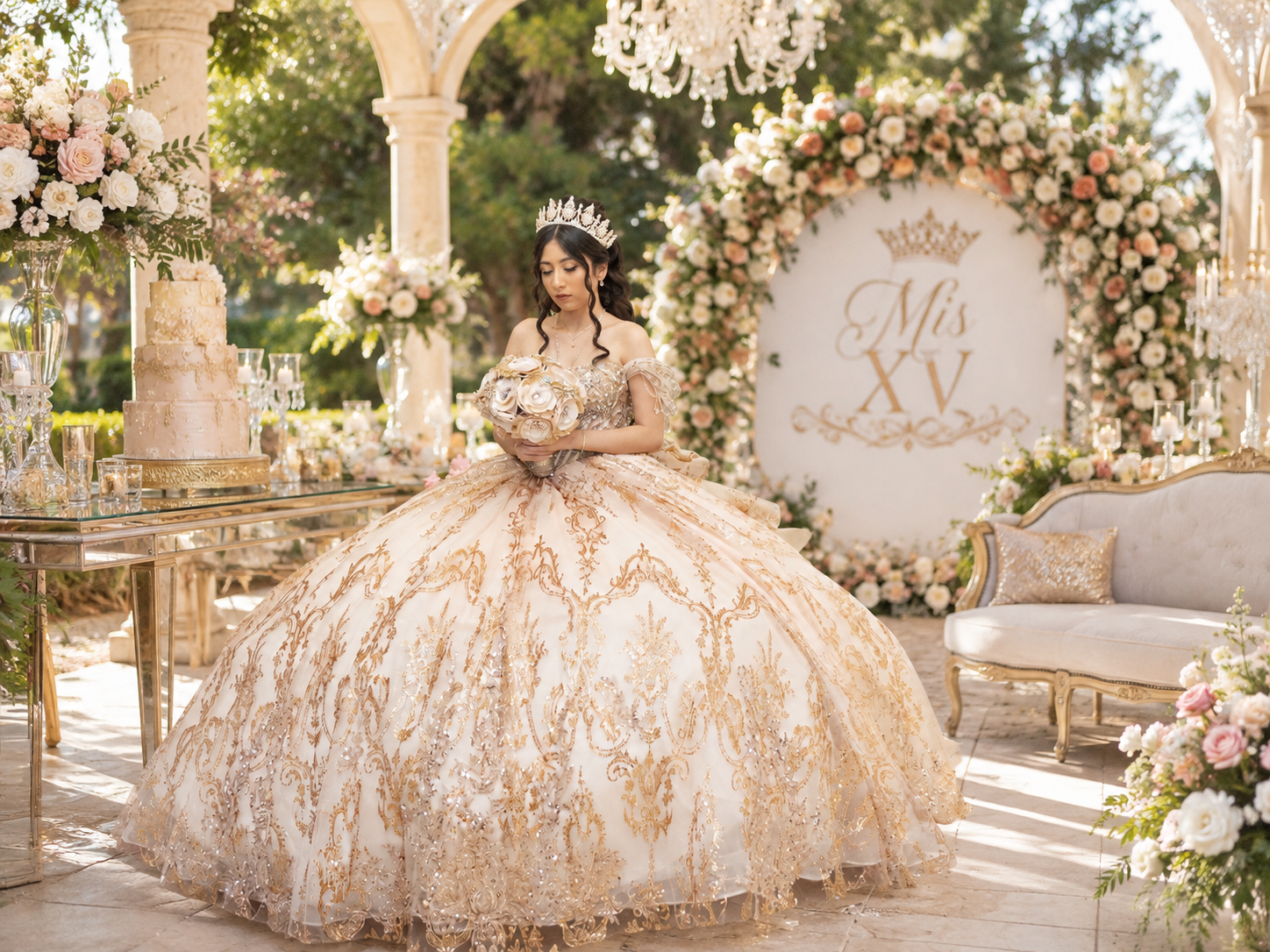 Elegant quinceañera girl in gold lace ball gown with tiara holds bouquet before floral arch backdrop.