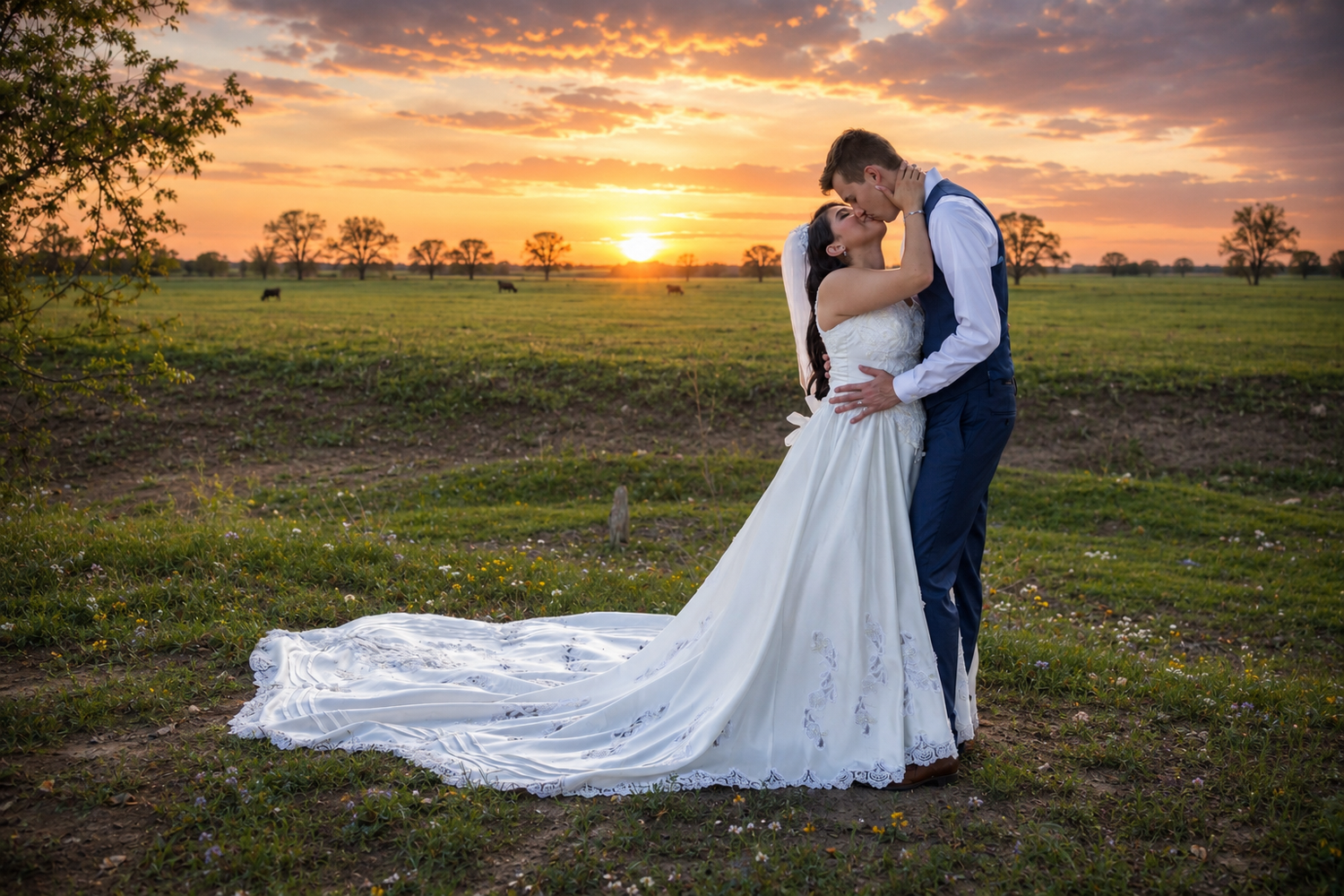 Bride and groom embracing at sunset in a green field, golden sky backdrop, wedding dress with long train.