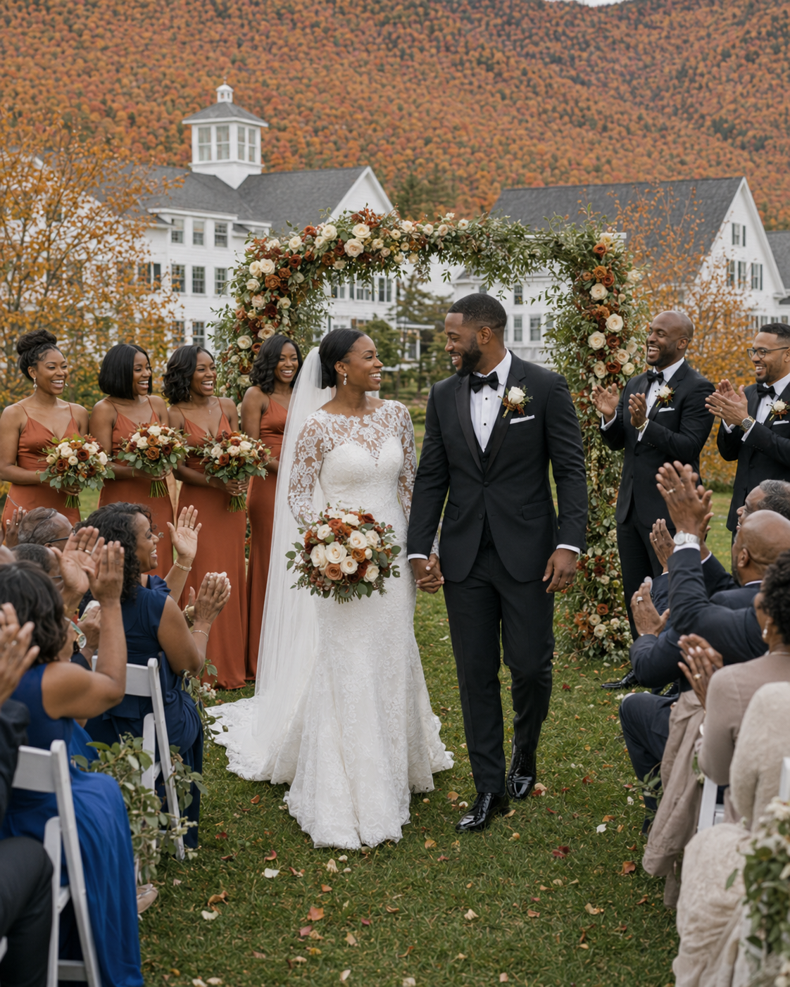Couple walks down aisle after outdoor fall wedding ceremony with floral arch, bridesmaids in rust dresses, and autumn foliage backdrop.