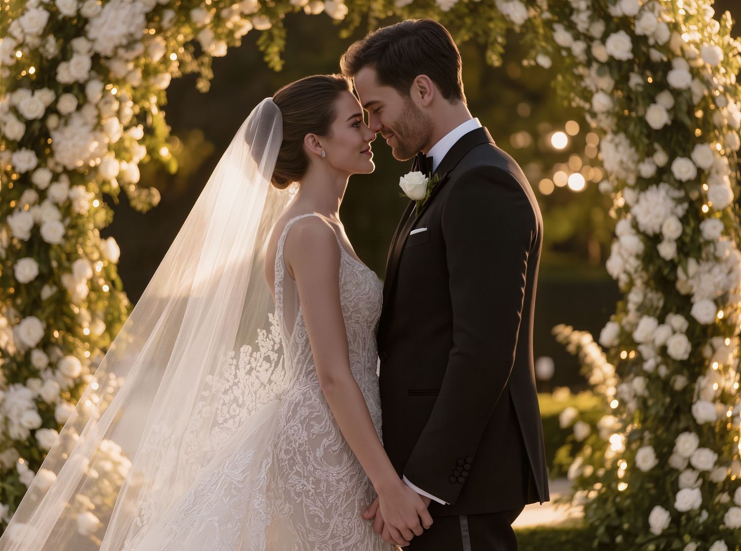 A bride and groom share a romantic moment under a floral arch adorned with white roses at an elegant outdoor wedding.