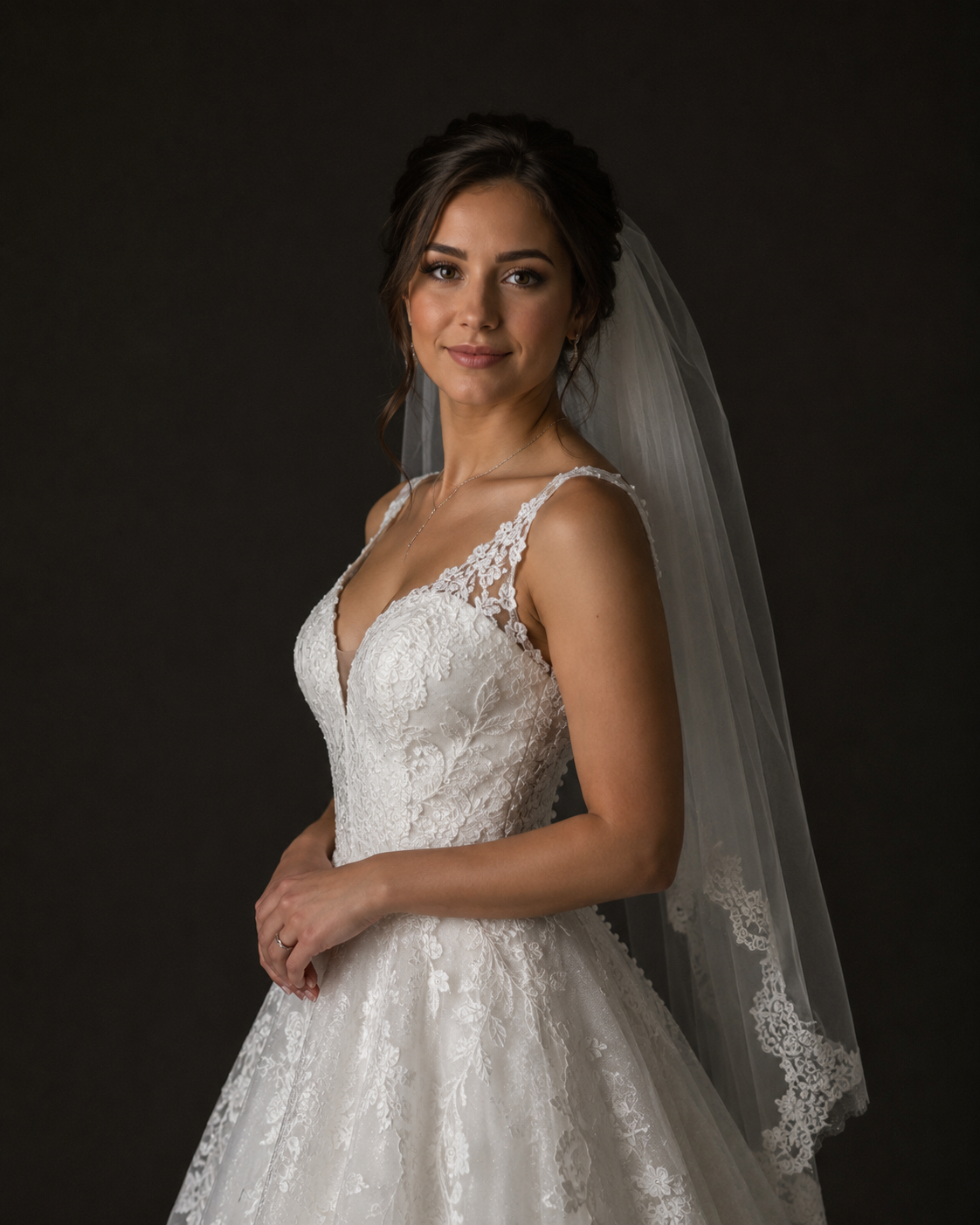 Bride in lace A-line wedding gown with deep V-neckline and veil, posing elegantly against dark studio background.