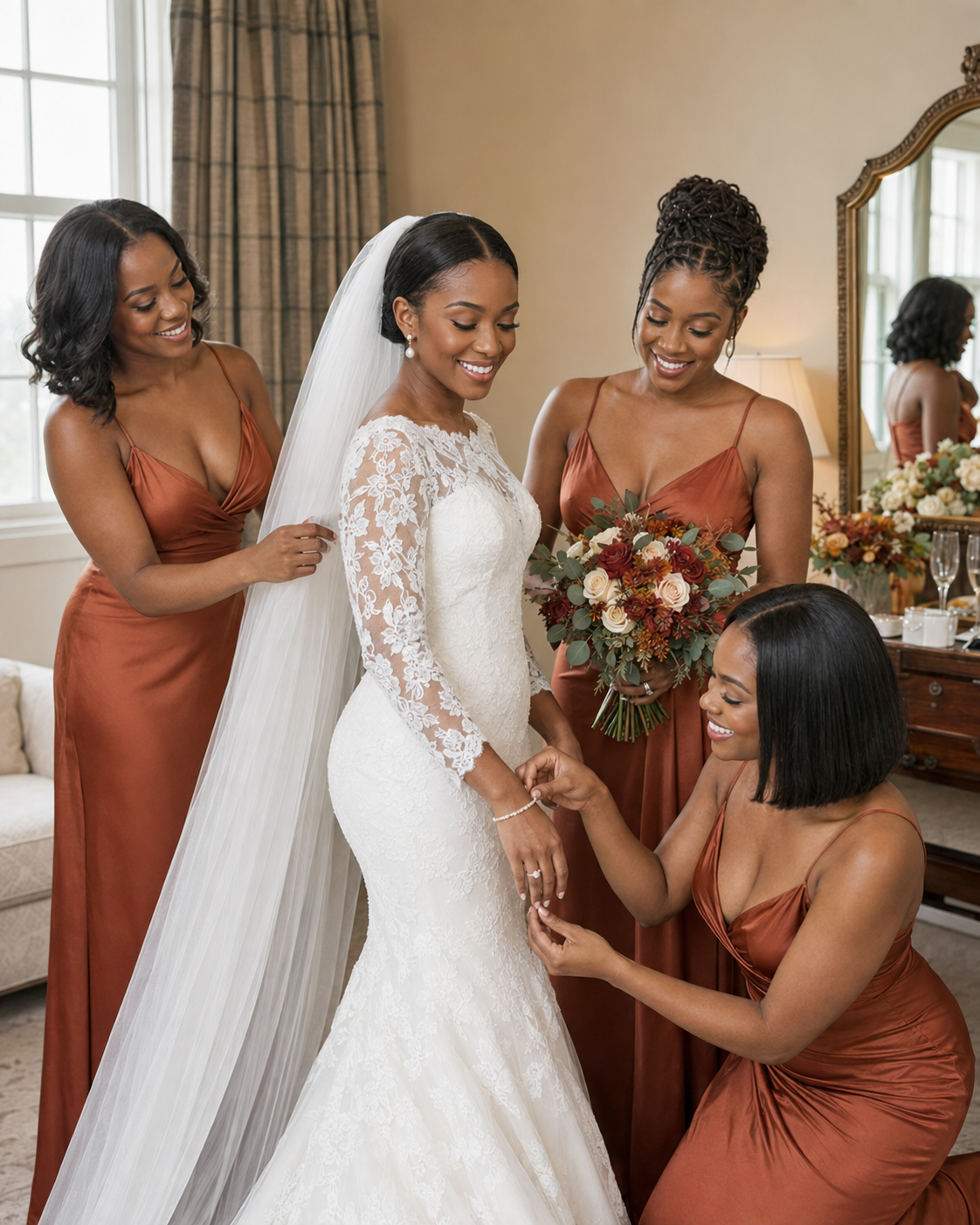Bride in lace gown with veil surrounded by three bridesmaids in rust-orange dresses during wedding preparation.