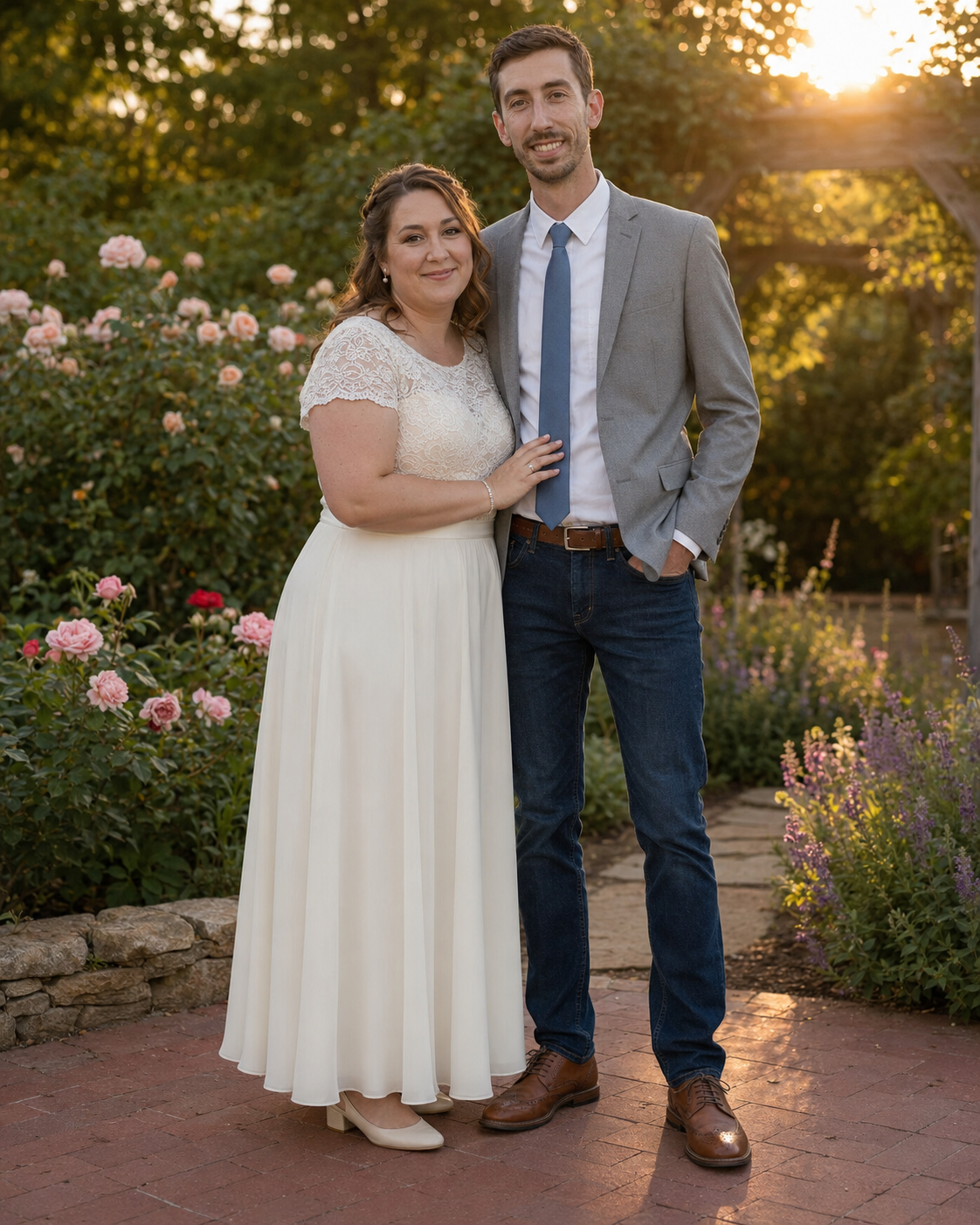 Wedding couple poses together in a blooming garden at golden hour, bride in lace dress and groom in gray blazer.