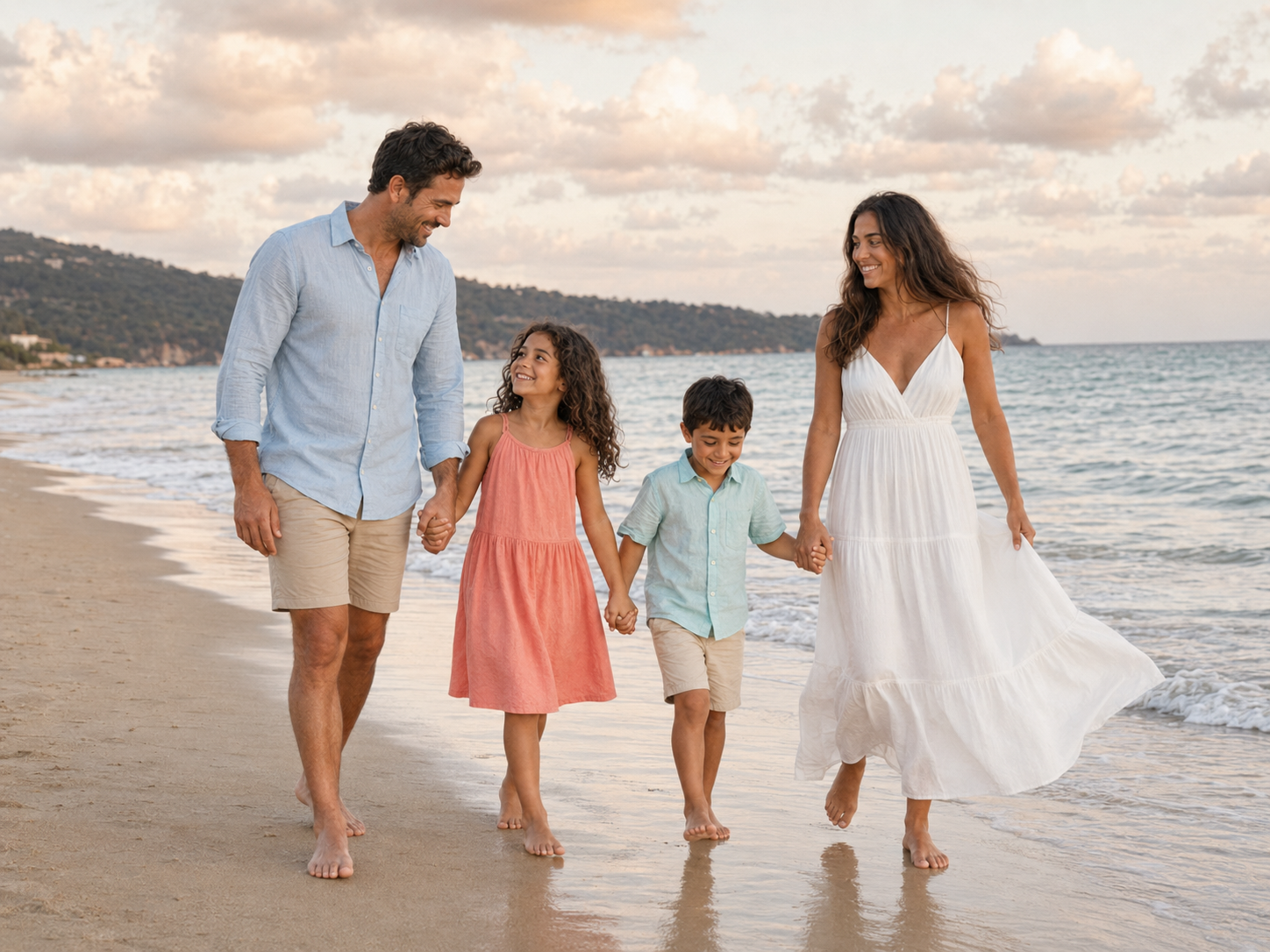Joyful family of four walking hand-in-hand along a sunny beach, wearing summer outfits by the ocean.