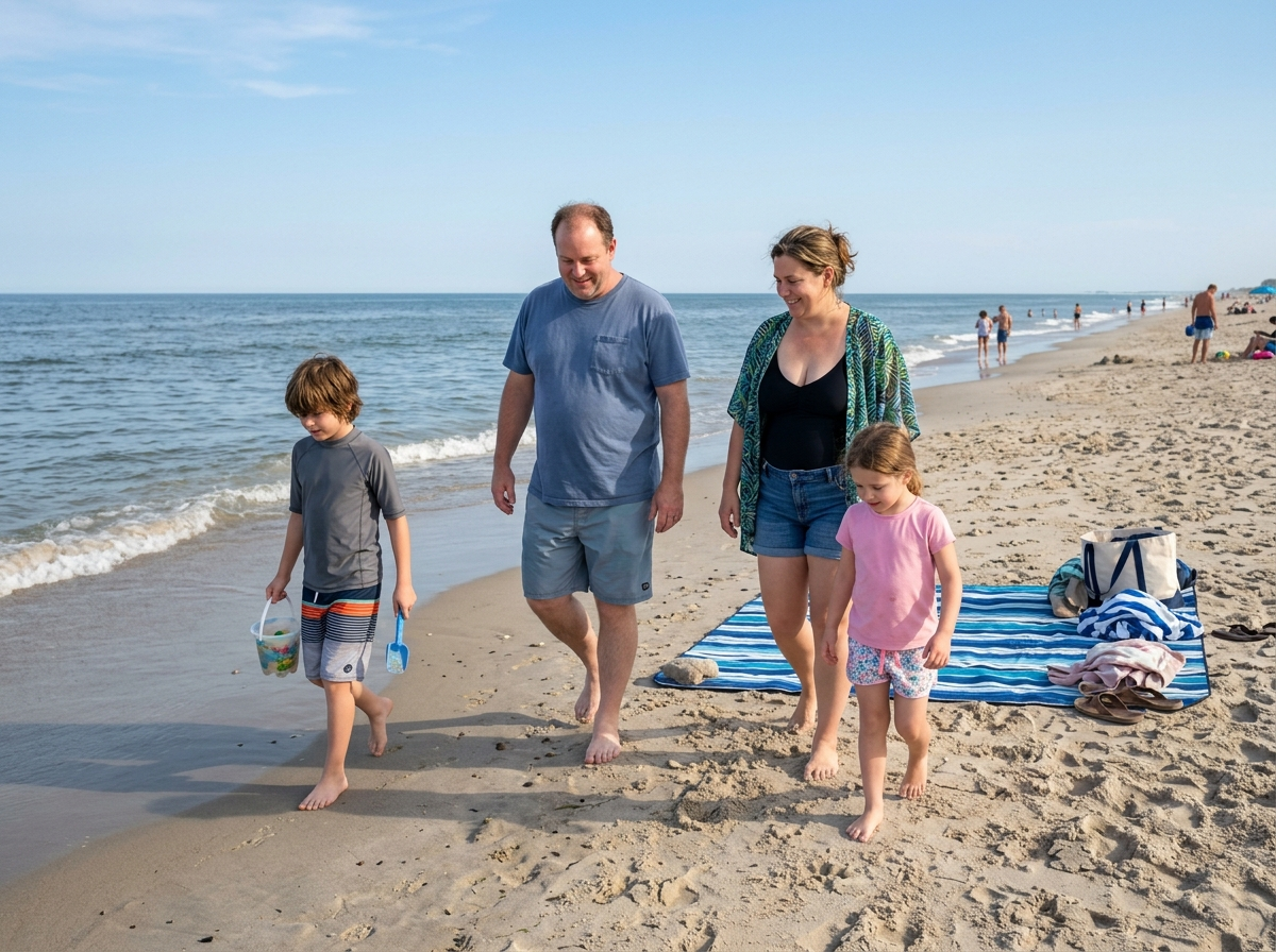Family of four walking barefoot along a sunny beach shoreline on a clear summer day.