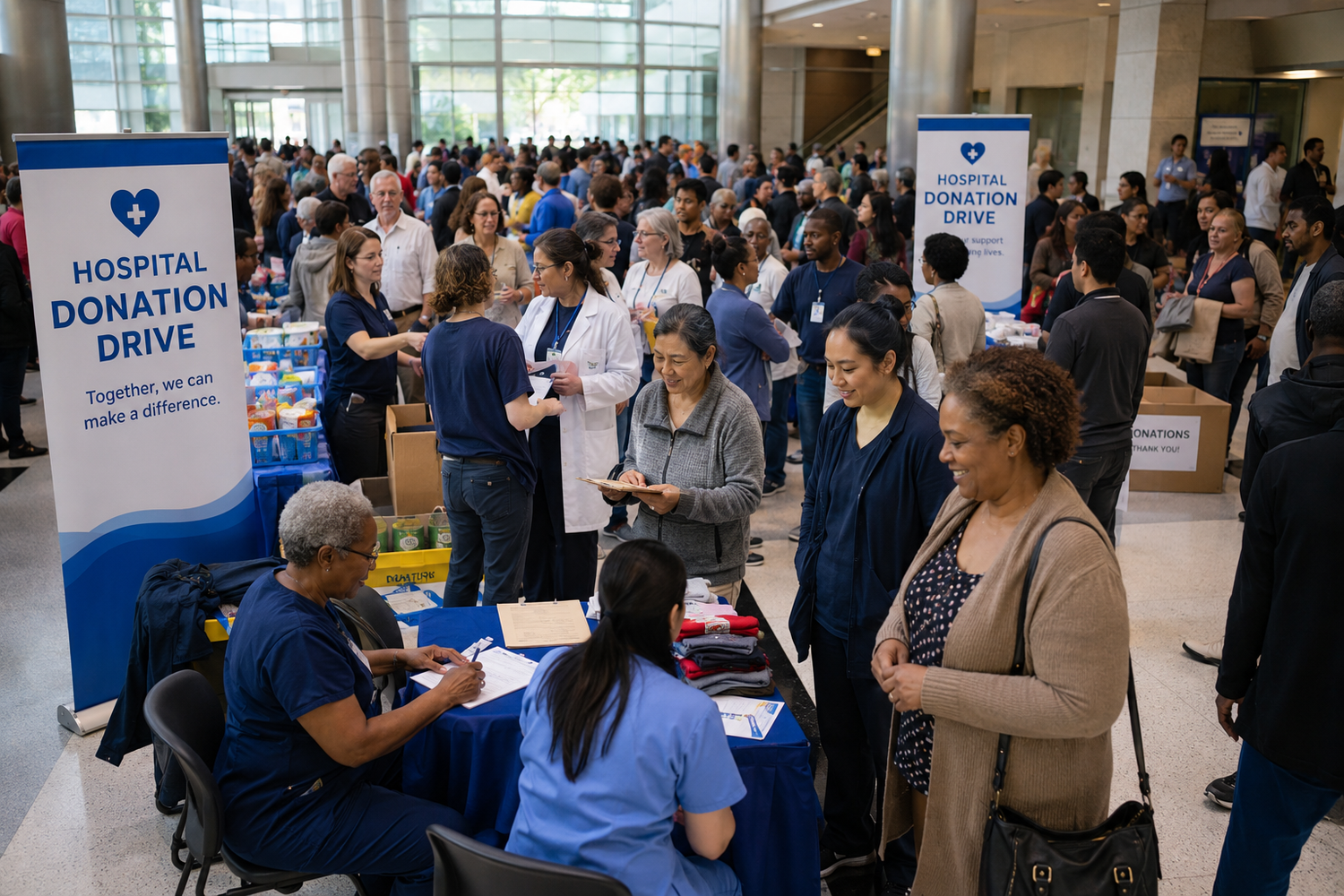 Hospital donation drive event with staff and visitors gathering in a busy atrium to donate supplies.