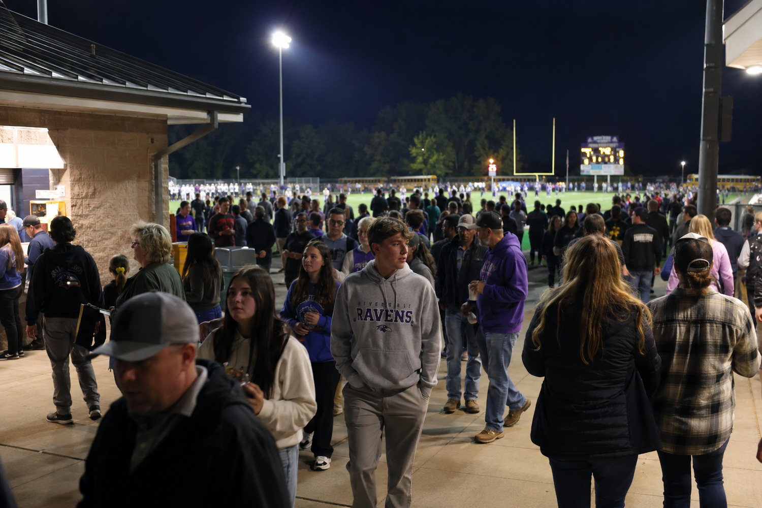 Large crowd of fans in purple gear gather outside a lit stadium during a nighttime football event.
