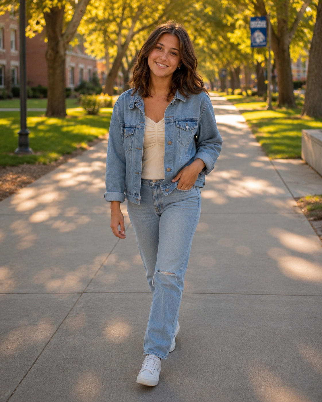 Woman walking in denim jacket, white top, and light jeans on a sunny campus path.