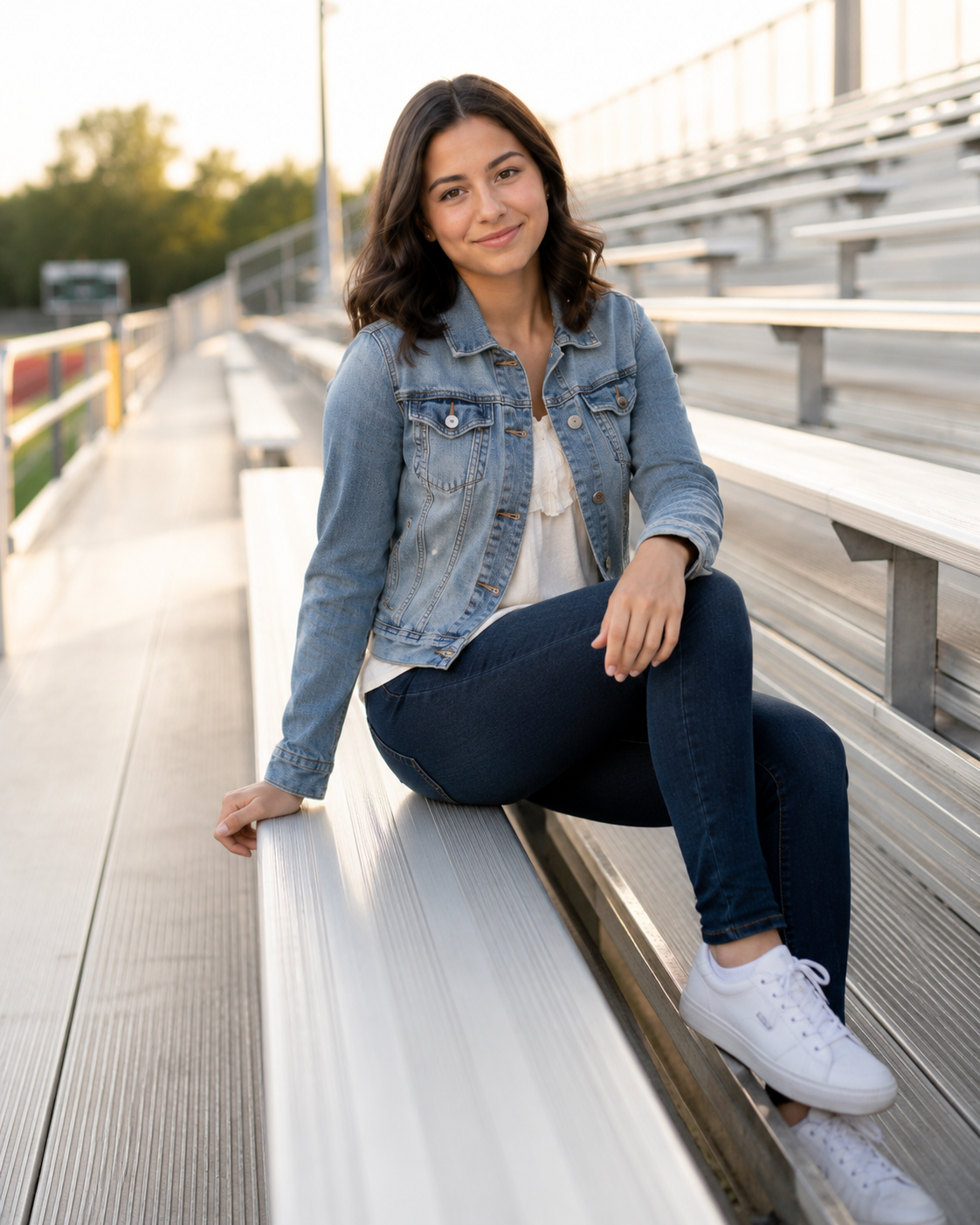 Young woman in denim jacket and jeans sitting on bleachers, smiling outdoors in golden hour light.