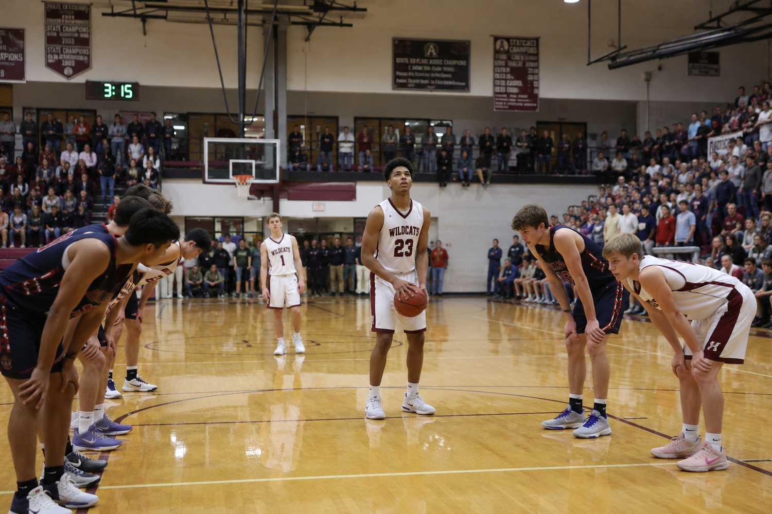 A basketball player in maroon jersey number 21 prepares for a free throw in a packed high school gymnasium.