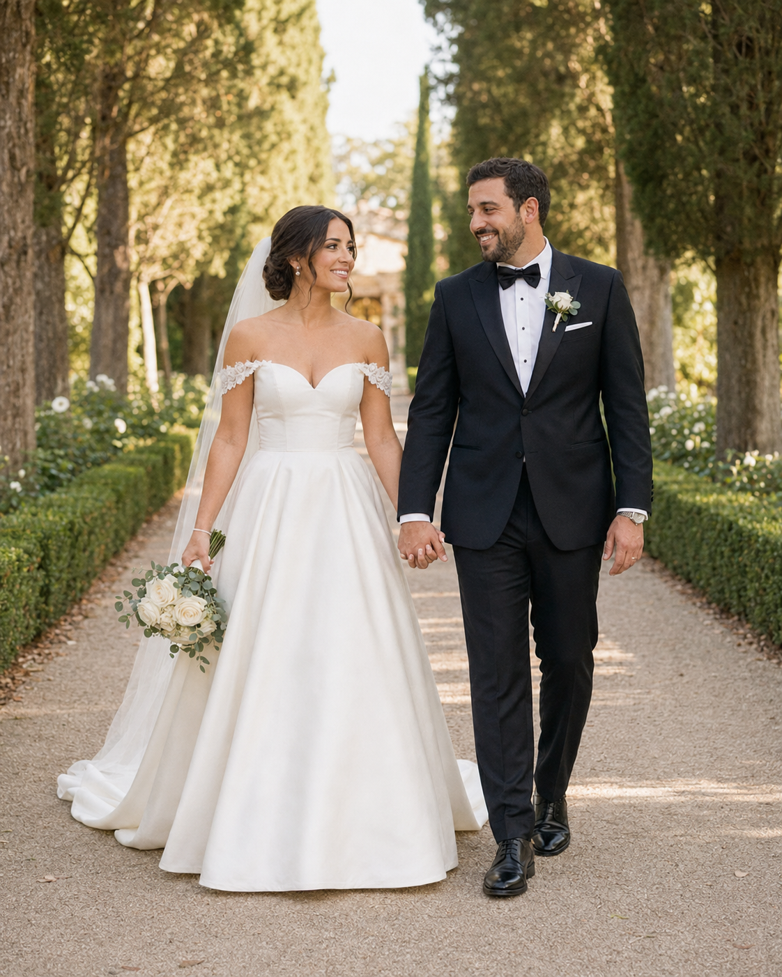 A bride and groom walk hand-in-hand along a tree-lined garden path, she in a white off-shoulder gown, he in a black tuxedo.