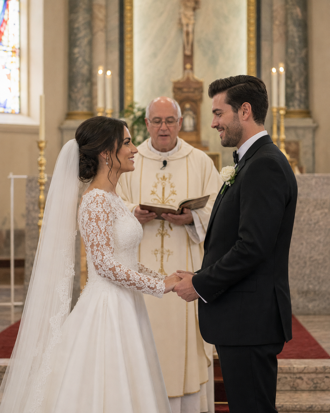 Bride and groom exchange vows at church altar with smiling officiant holding bible during Catholic wedding ceremony.