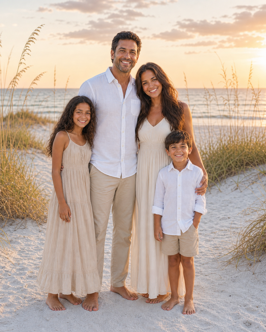 Family of four posing together on a sandy beach at sunset, wearing coordinating beige and white outfits.
