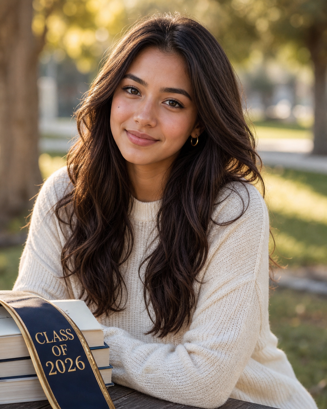 Young woman in cream sweater holding Class of 2026 book, smiling outdoors for senior portrait photo.