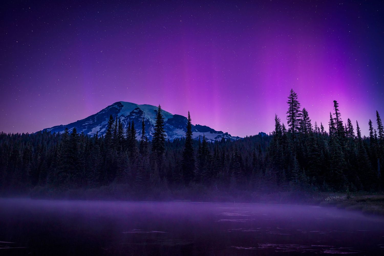 A purple aurora borealis illuminates the night sky over a silhouetted mountain landscape with evergreen trees.