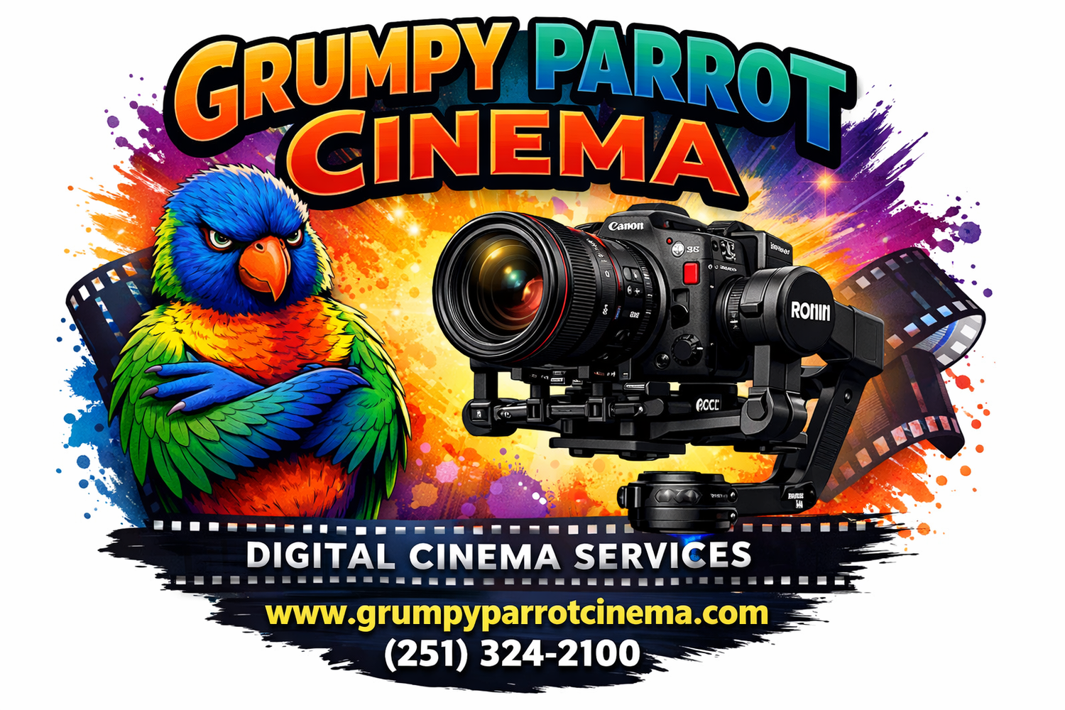A colorful banner for Grumpy Parrot Cinema featuring digital cinema services with vibrant parrot graphics and contact info.