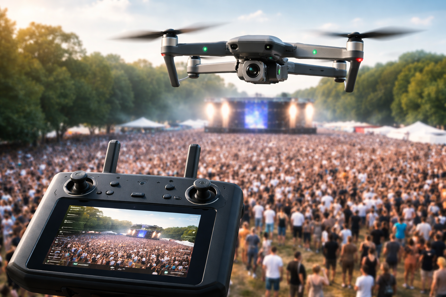 Drone with remote control screen hovering above large outdoor music festival crowd with stage in background.