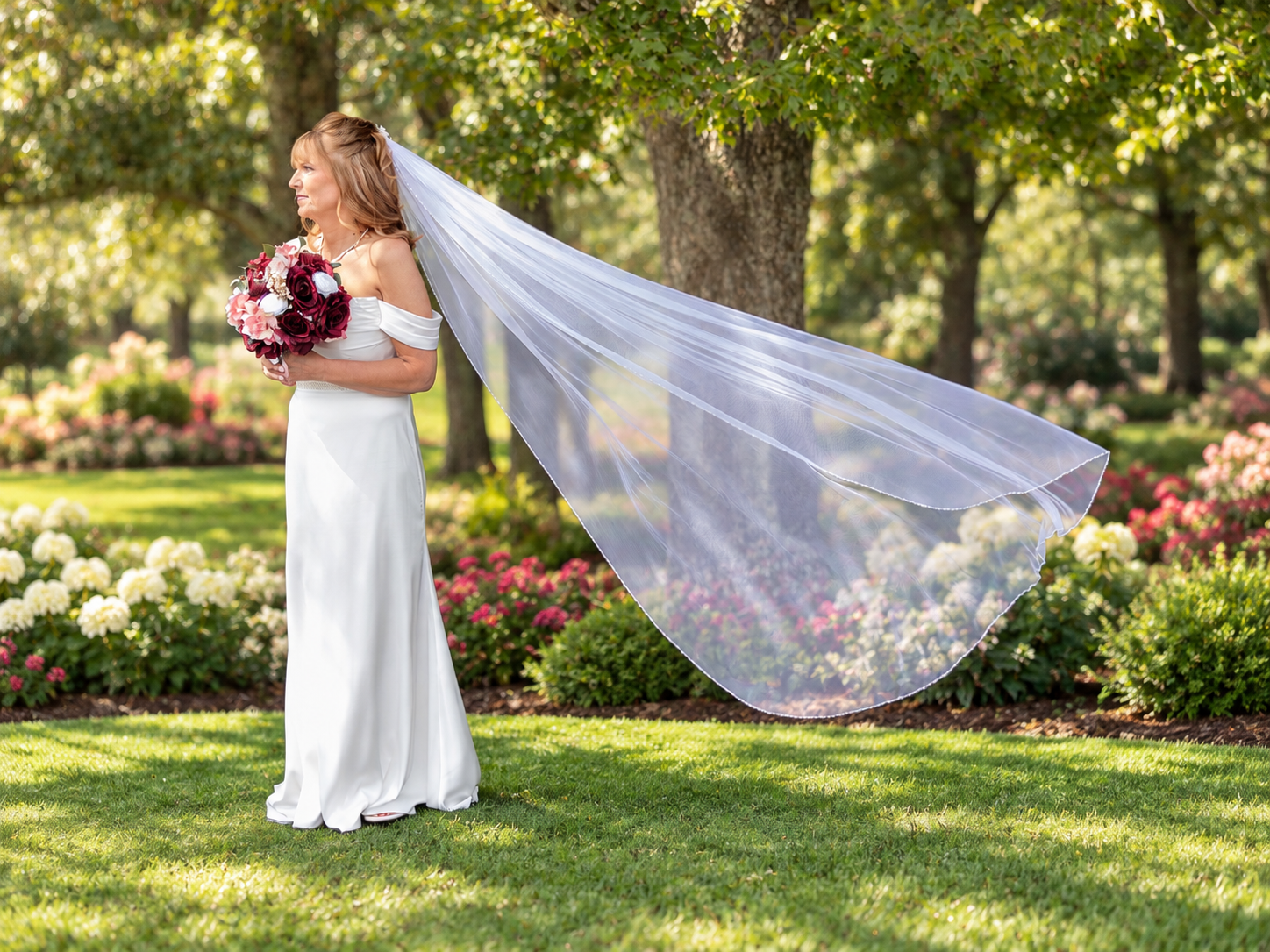 Bride in white gown with flowing veil holding red bouquet standing in lush garden with colorful flowers.