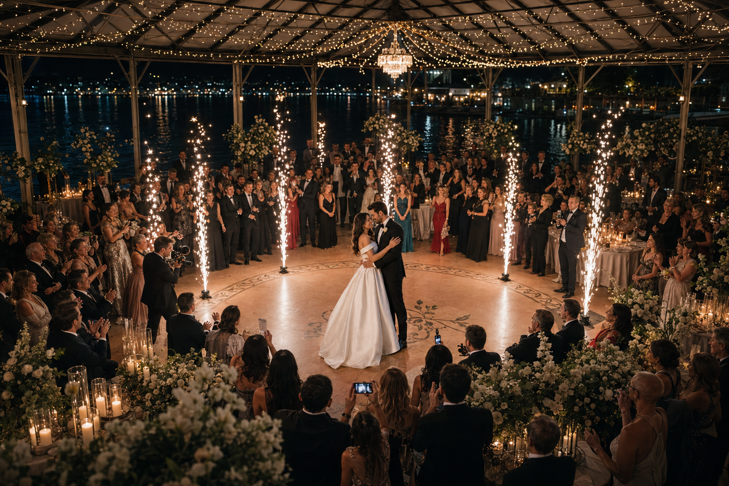 Bride and groom share first dance under sparkling lights at elegant waterfront wedding reception.