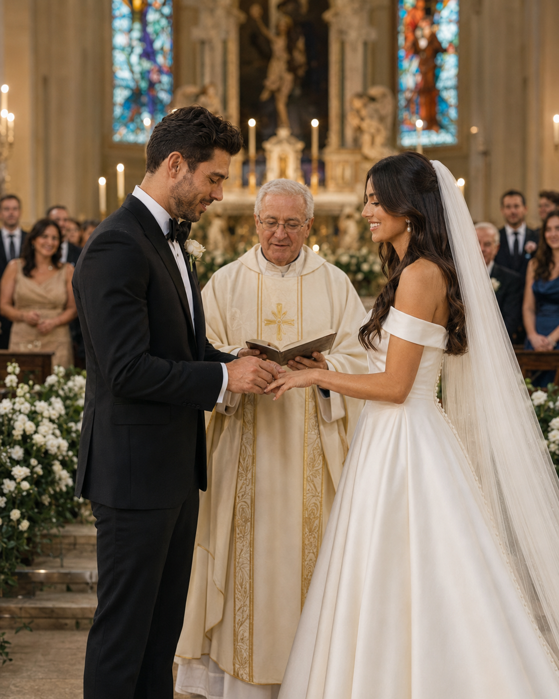 Couple exchanging wedding vows at elegant church ceremony with priest officiating, bride in white gown and groom in black tuxedo.