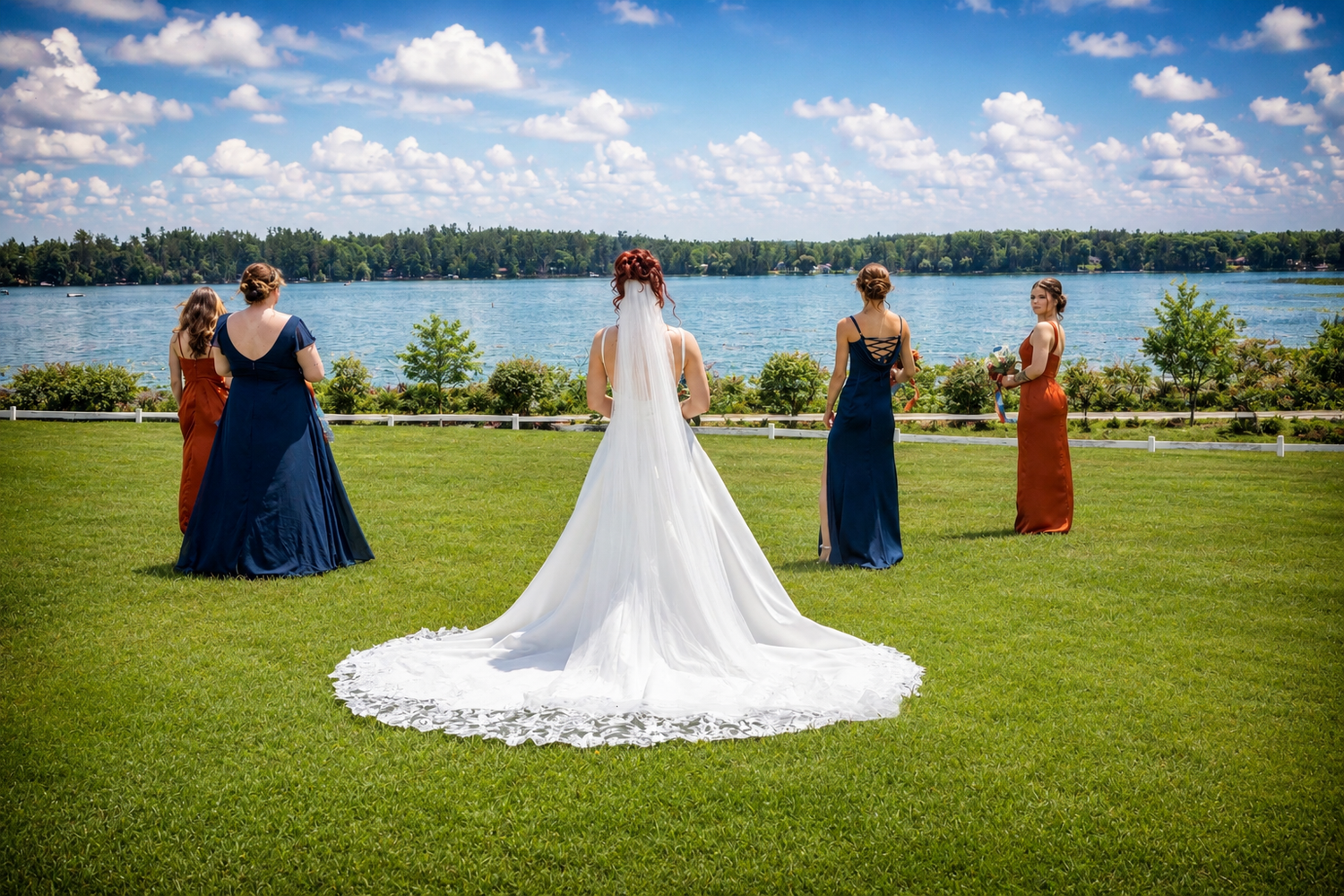 Bride in a long white gown with train stands with bridesmaids overlooking a scenic lakeside venue.