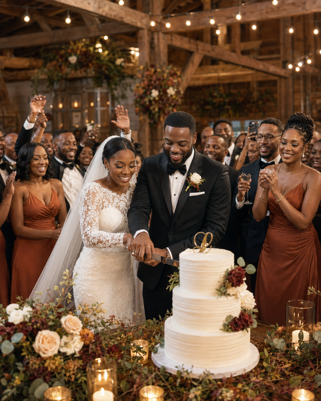 Black couple cutting white three-tier wedding cake in rustic barn venue surrounded by guests in fall wedding attire.