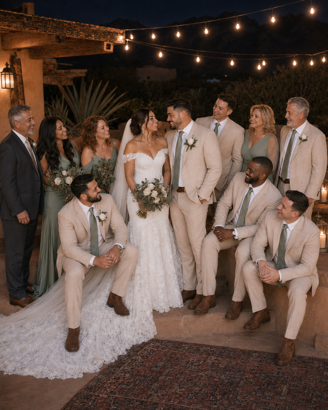 Wedding party poses outdoors at night, bride in lace gown with groomsmen in tan suits and bridesmaids in sage green dresses.
