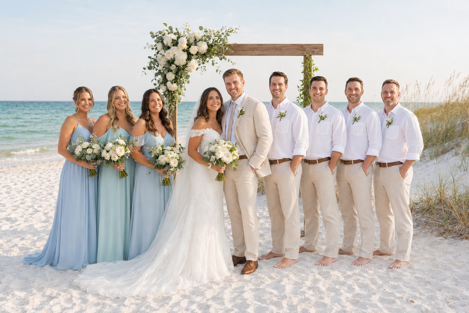 Wedding party poses on beach with wooden arch, bridesmaids in blue dresses, groomsmen in white shirts and tan pants.