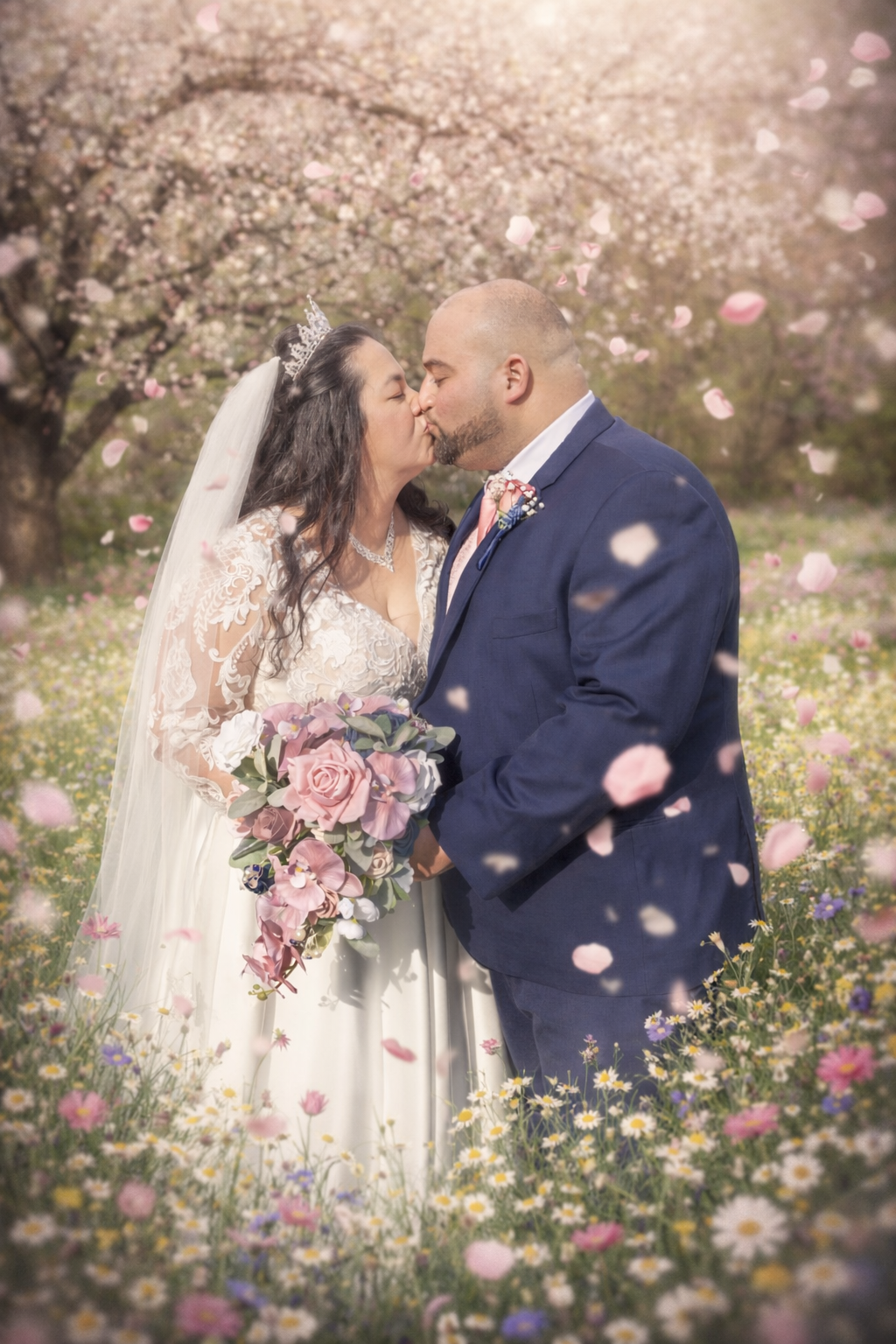 Newlyweds share romantic kiss surrounded by falling pink petals in a dreamy flowering meadow, bride holding pink bouquet.
