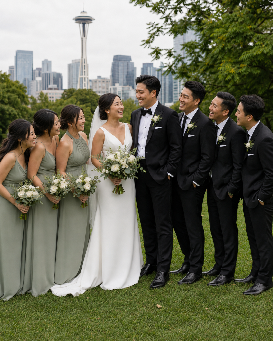 Wedding party poses outdoors with Seattle Space Needle skyline, bridesmaids in sage green gowns and groomsmen in black tuxedos.