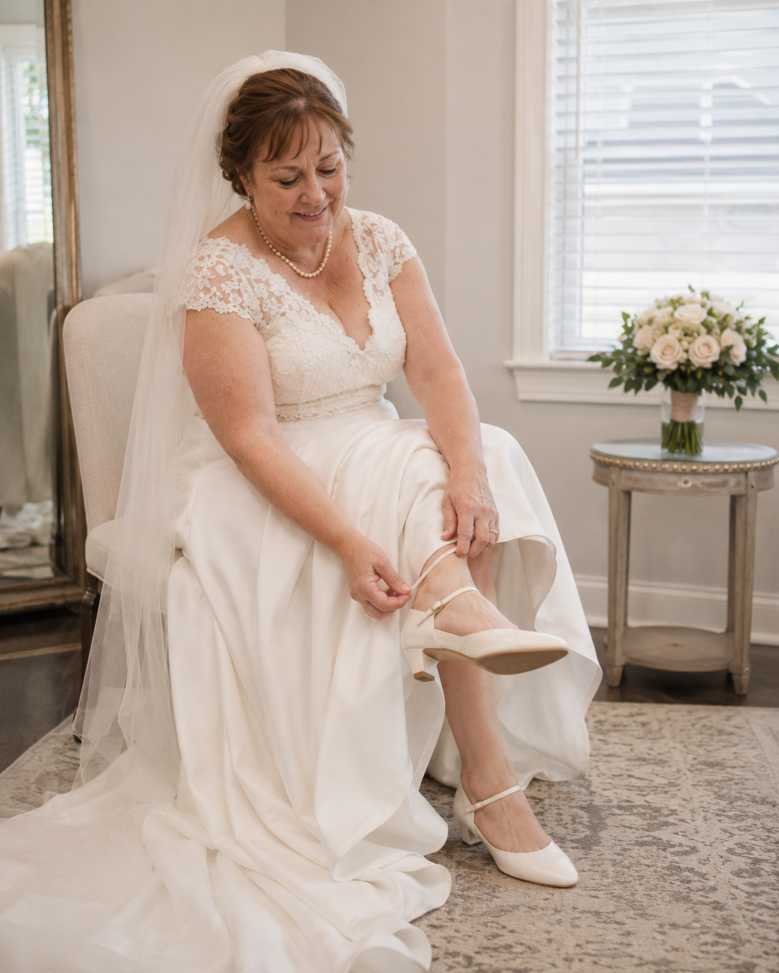 Bride in lace cap-sleeve wedding gown adjusts her ivory heels while seated, with bridal bouquet displayed nearby.