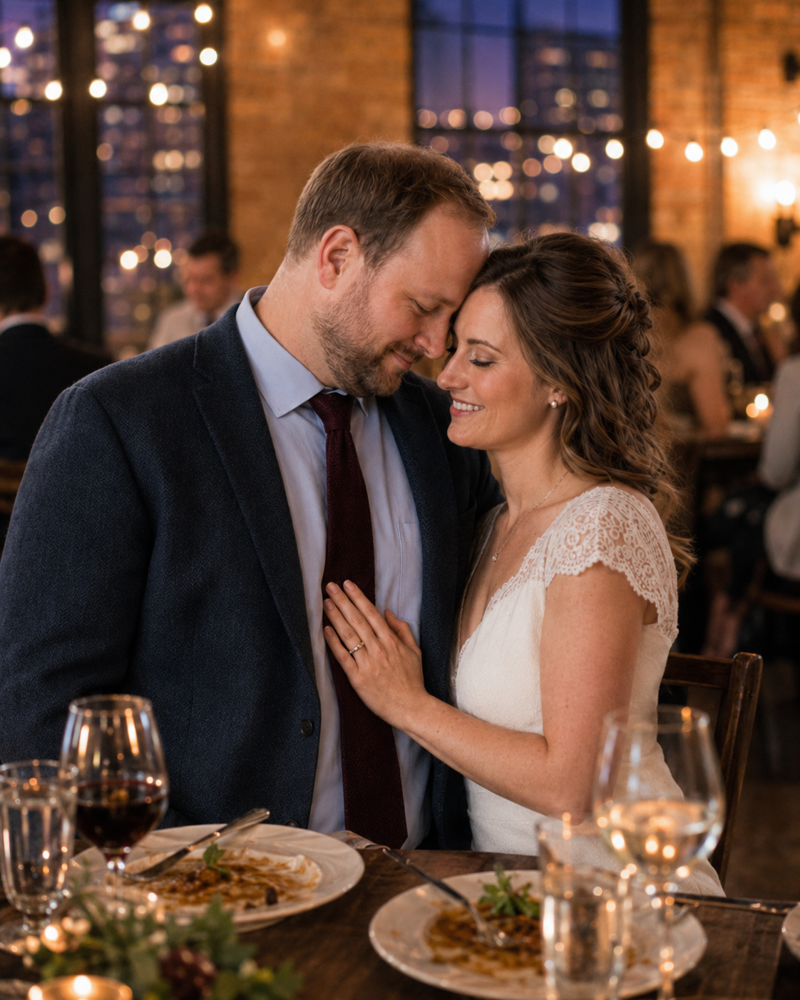 A couple shares an intimate moment at their wedding reception dinner, surrounded by candlelight and string lights.