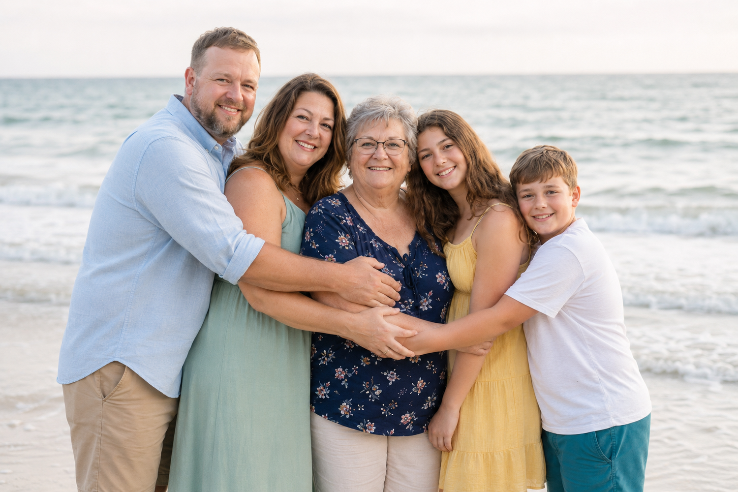 Family of five hugging and smiling together on a beach at sunset.