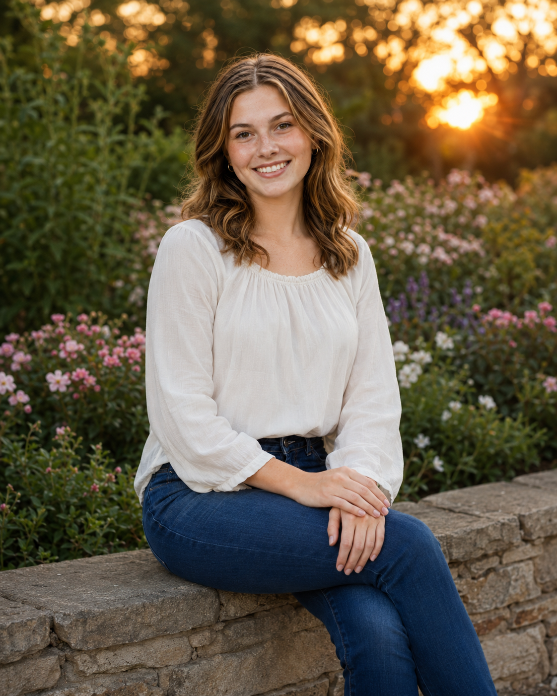 Young woman in white blouse and jeans sits on stone wall surrounded by blooming flowers at golden hour sunset.