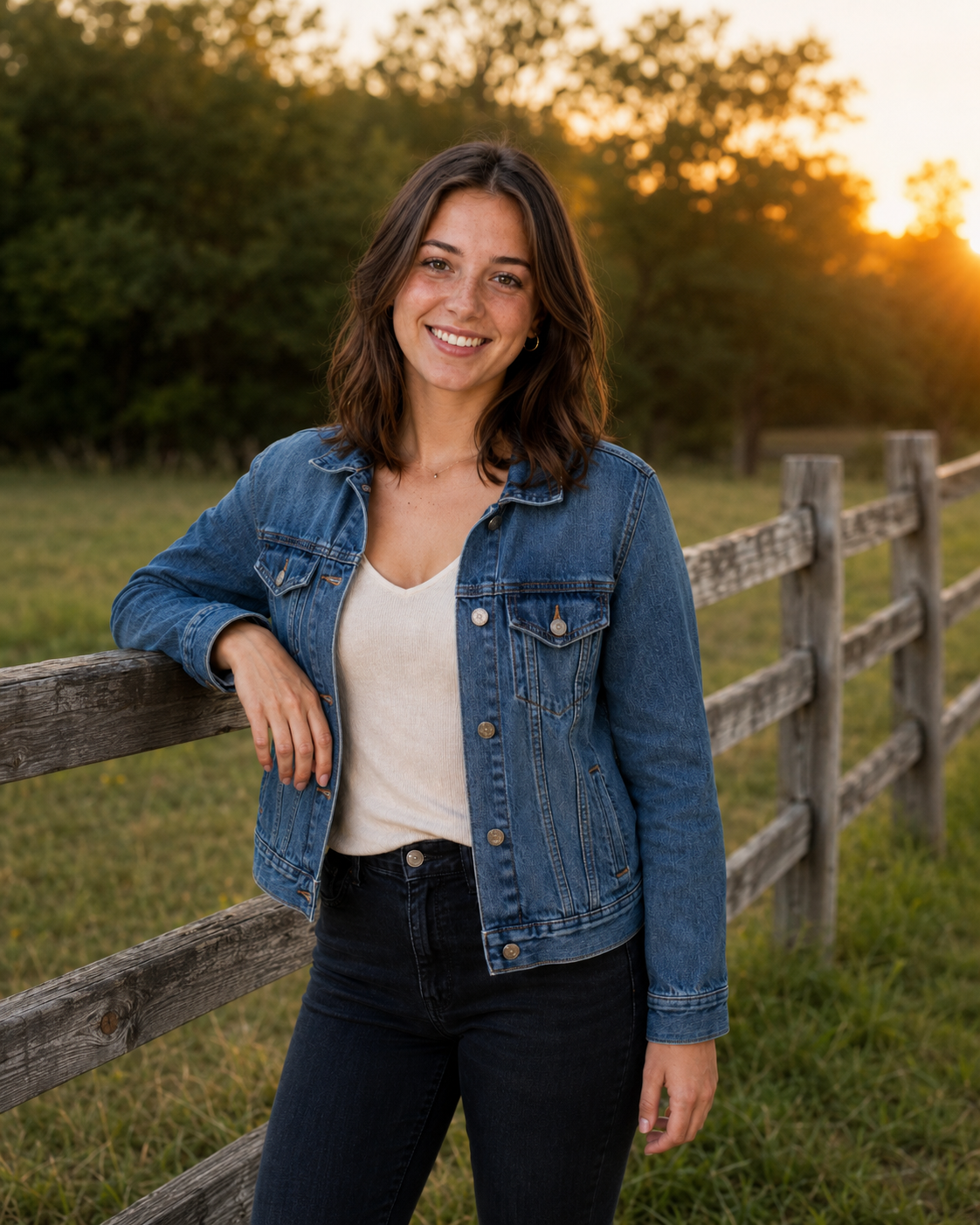 Young woman in denim jacket leaning on wooden fence at golden hour sunset.